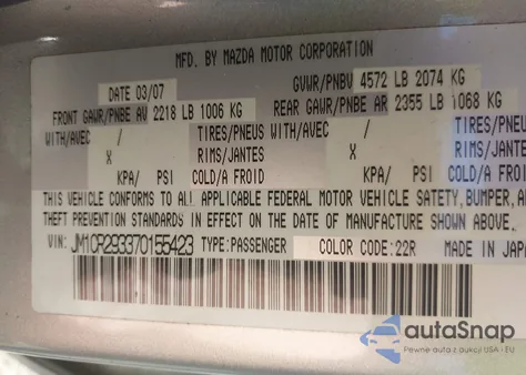 2007 Mazda Mazda5 Touring z USA, uszkodzony, nr VIN JM1CR293370155423